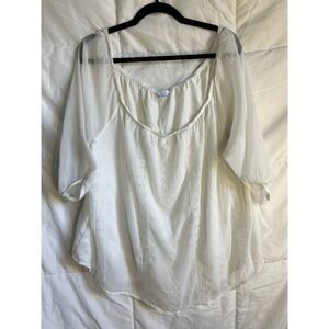 Boutique 2X White Eyelet Embroidered Sheer Square Neck 3/4 Sleeve Blouse Top